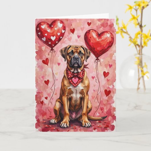 Bullmastiff Valentine’s Day Dog with Hearts Red Kaart (Gele Bloem)