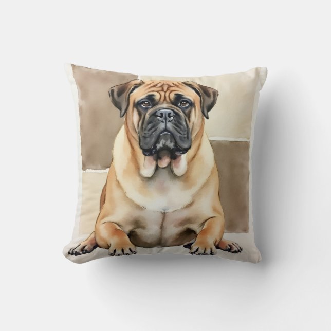 Bullmastiff Waterverf Warm Paneel Kunst Kussen (Voorkant)