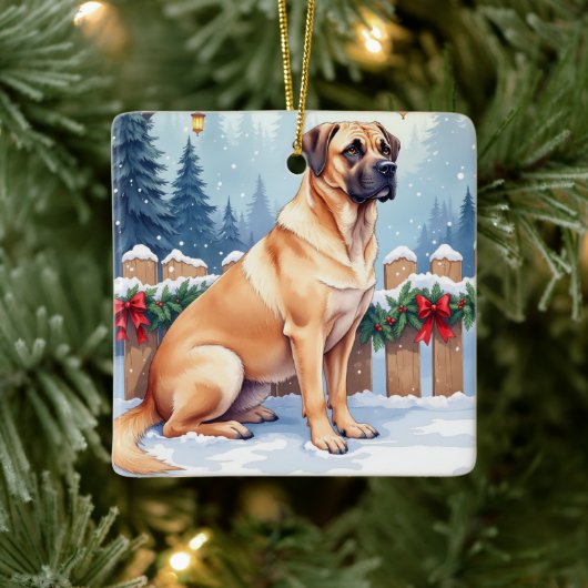 Bullmastiff Winter Forest Holly Christmas Art Keramisch Ornament (Boom)