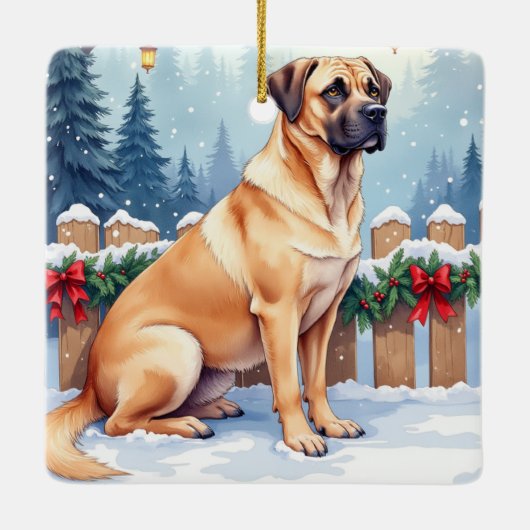Bullmastiff Winter Forest Holly Christmas Art Keramisch Ornament (Achterkant)