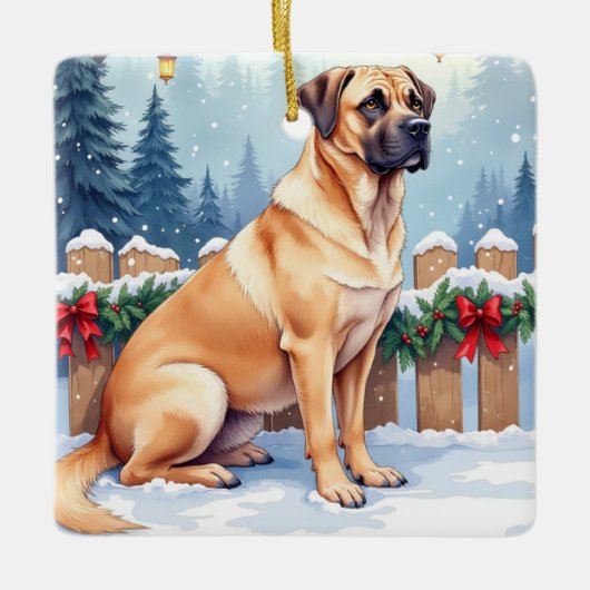 Bullmastiff Winter Forest Holly Christmas Art Keramisch Ornament (Voorkant)