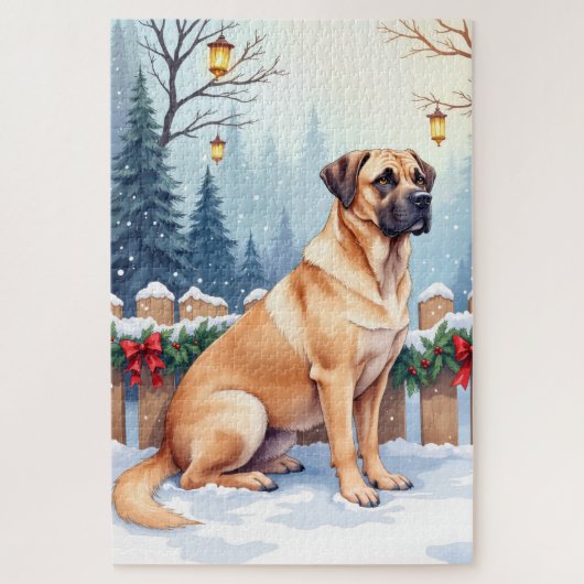 Bullmastiff Winter Forest Holly Christmas Art Legpuzzel (Verticaal)