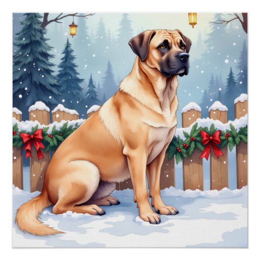 Bullmastiff Winter Forest Holly Christmas Art Perfect Poster (Voorkant)