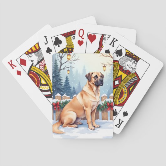 Bullmastiff Winter Forest Holly Christmas Art Pokerkaarten (Achterkant)
