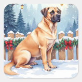 Bullmastiff Winter Forest Holly Christmas Art Vierkante Sticker (Voorkant)