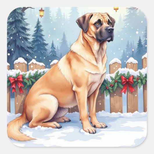 Bullmastiff Winter Forest Holly Christmas Art Vierkante Sticker (Voorkant)