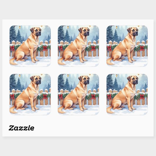 Bullmastiff Winter Forest Holly Christmas Art Vierkante Sticker (Vel)