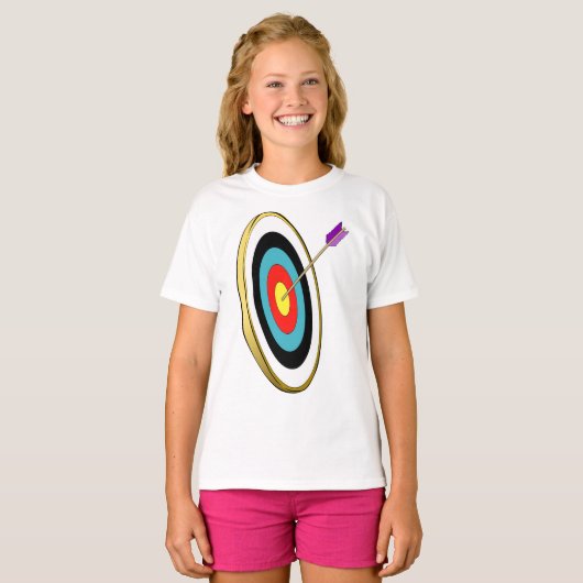 Bullseye boogschieten doel met pijl raken centrum t-shirt (Voorkant volledig)