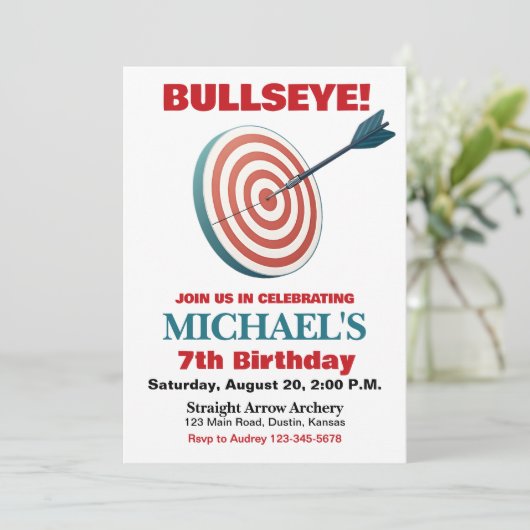 Bullseye Boogschieten Verjaardagsfeest Uitnodiging (Staand voorkant)