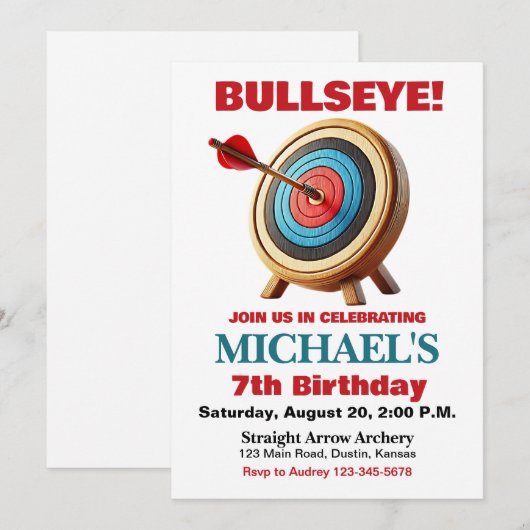 Bullseye Boogschieten Verjaardagsfeest Uitnodiging (Voorkant / Achterkant)