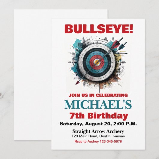 Bullseye Boogschieten Verjaardagsfeest Uitnodiging (Voorkant / Achterkant)