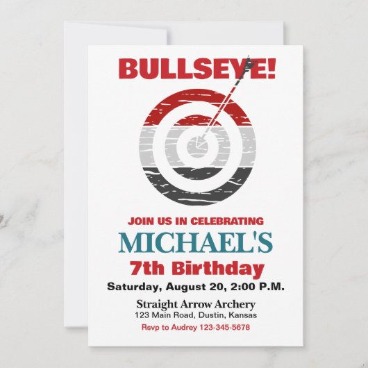 Bullseye Boogschieten Verjaardagsfeest Uitnodiging (Voorkant)
