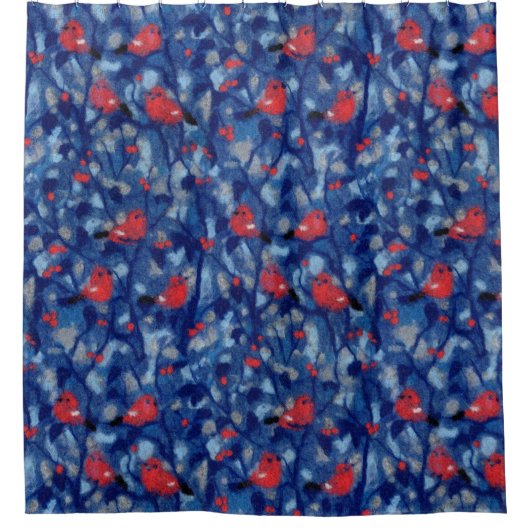 Bullvinken, rode vogelblauwe bosbomen vezelkunst douchegordijn (Voorkant)