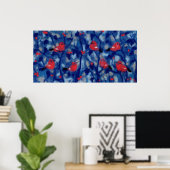 Bullvinken, rode vogelblauwe bosbomen vezelkunst poster (Thuiskantoor)