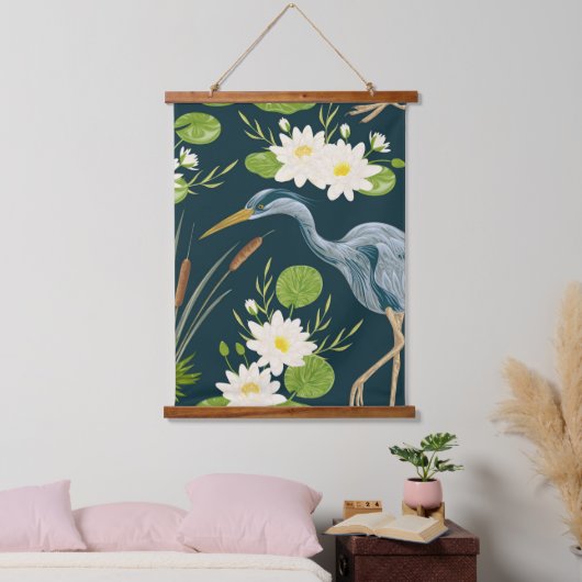 Bulrush Lily Flowers Bird Heron Floral Landschap Hangend Wandkleed (Slaapkamer)