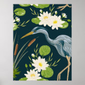 Bulrush Lily Flowers Bird Heron Floral Landschap Poster (Voorkant)