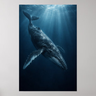Bultrugwalvis die glijdt door diepe blauwe oceaan  poster