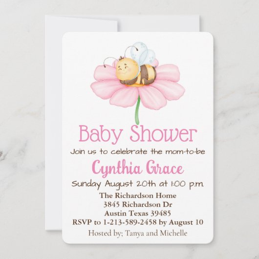 Bumble Bee and Flower Baby shower Invitation Feestdagenkaart (Voorkant)