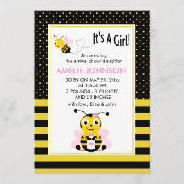 Bumble bee Baby Girl Birth Annouting Card Aankondiging