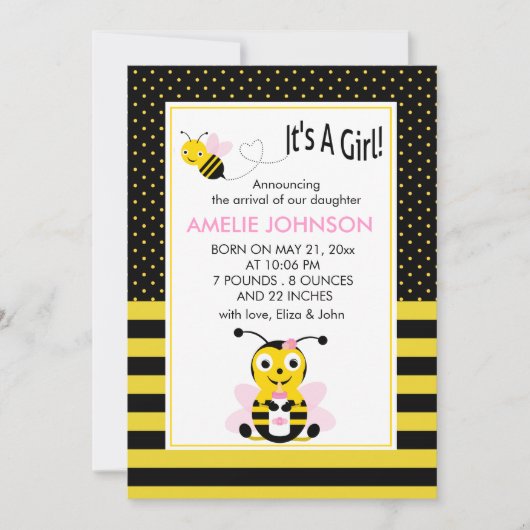 Bumble bee Baby Girl Birth Annouting Card Aankondiging (Voorkant)