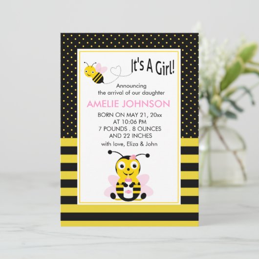Bumble bee Baby Girl Birth Annouting Card Aankondiging (Staand voorkant)