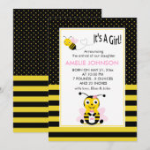 Bumble bee Baby Girl Birth Annouting Card Aankondiging (Voorkant / Achterkant)