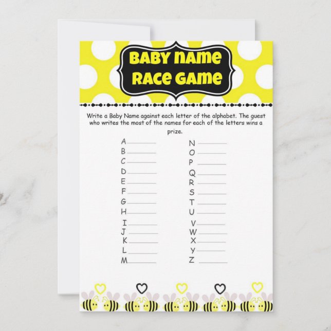 Bumble Bee Baby Name Race - Baby shower Game (Voorkant)