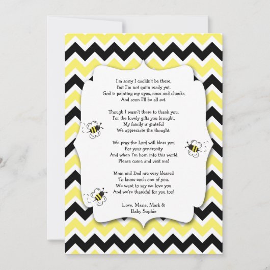 Bumble Bee Baby shower Bedankt Opmerking met gedic (Voorkant)
