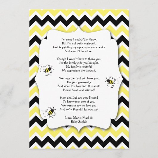 Bumble Bee Baby shower Bedankt Opmerking met gedic (Voorkant)