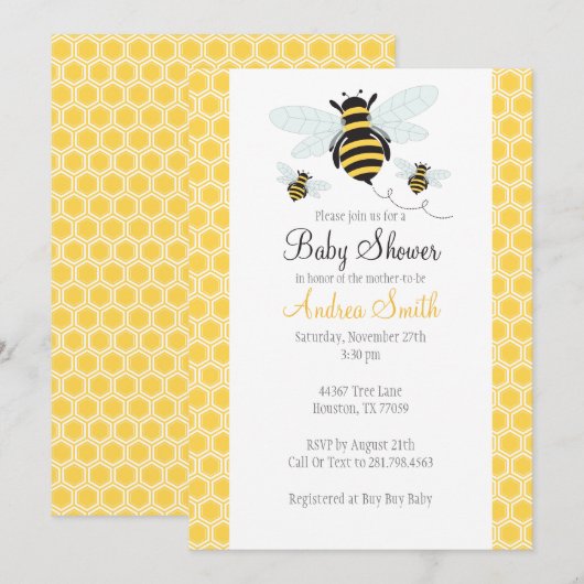 Bumble bee Baby shower-Birthday Party Invitation Kaart (Voorkant / Achterkant)