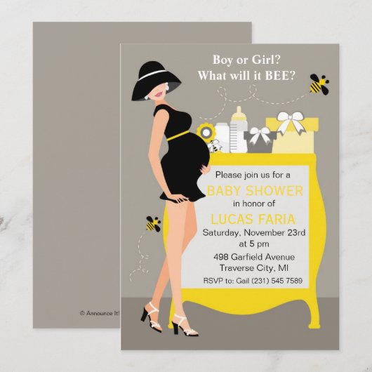 Bumble Bee Baby Shower Invitations Gender onthulle Kaart (Voorkant / Achterkant)