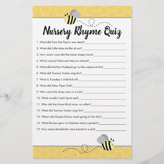 Bumble Bee Baby shower Nursery Rhyme Quiz (Voorkant)