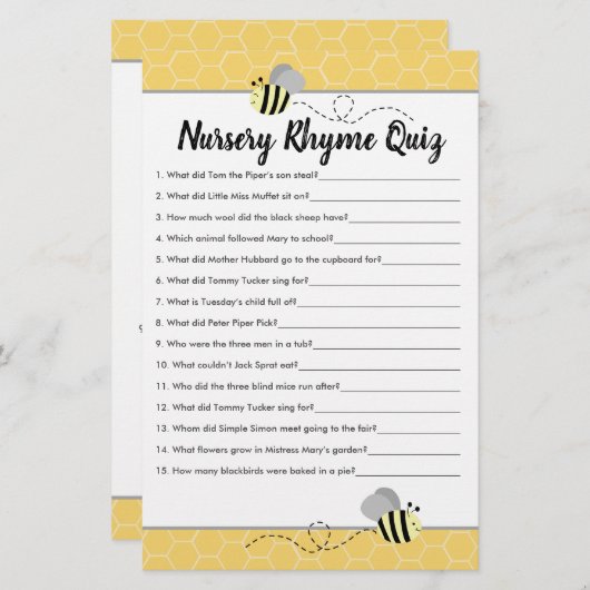 Bumble Bee Baby shower Nursery Rhyme Quiz (Voorkant / Achterkant)