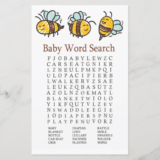 Bumble bee Baby shower Word Search Game (Voorkant)