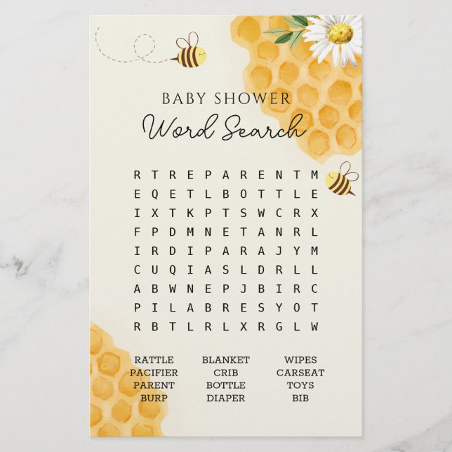 Bumble bee Baby shower Word Search Game (Voorkant)