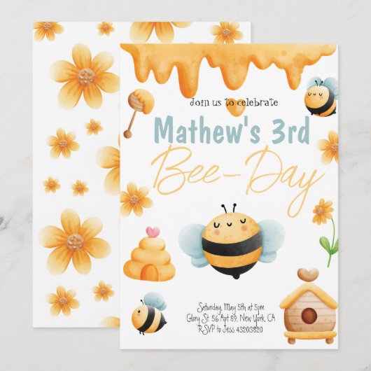 Bumble Bee Birthday Party Invitation Kaart (Voorkant / Achterkant)
