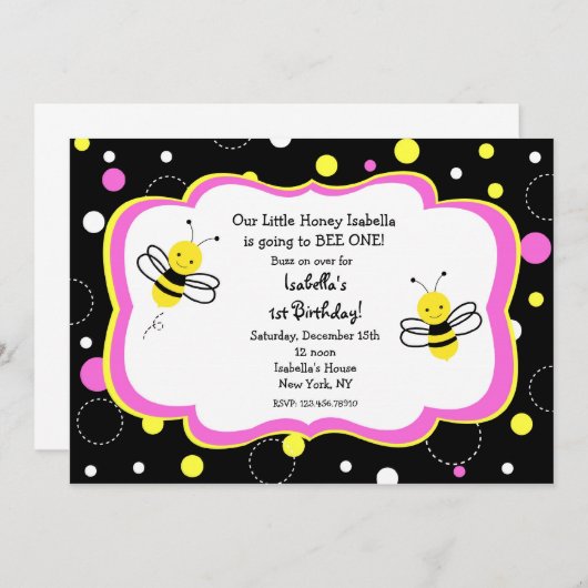 Bumble Bee Birthday Party Invitting roze Kaart (Voorkant / Achterkant)