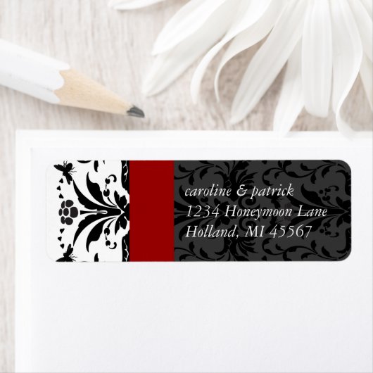 Bumble bee Black Damask Adresetiketten Red Trim Etiket (Insitu)