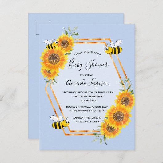 Bumble bee blue sunflower baby shower boy briefkaart (Voorkant / Achterkant)