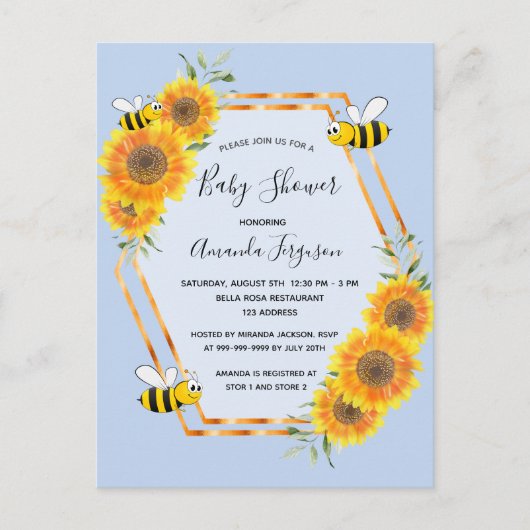 Bumble bee blue sunflower baby shower boy briefkaart (Voorkant)