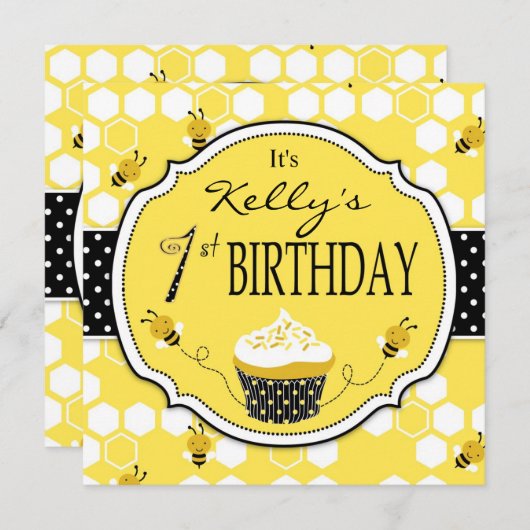 Bumble Bee Cupcake First Birthday Kaart (Voorkant / Achterkant)