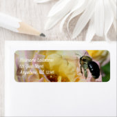 Bumble bee die in roze rozenadres vliegt etiket (Insitu)