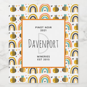 Bumble bee en Rainbows Pattern Winery Wijn Etiket