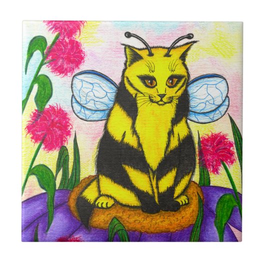 Bumble Bee Fairy Cat Fantasy Art Tile Tegeltje (Voorkant)