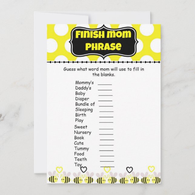 Bumble bee Finish mammets Phrases Baby shower Game (Voorkant)