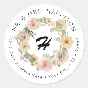 Bumble bee Floral Blush Yellow Waterverf Address Ronde Sticker