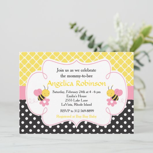 Bumble Bee Geel en Zwart Baby shower (Meisje) Kaart (Staand voorkant)