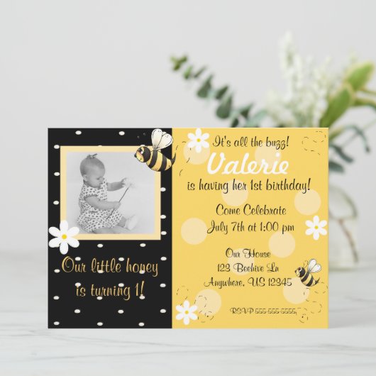 Bumble bee Girls Birthday Invitation Kaart (Staand voorkant)