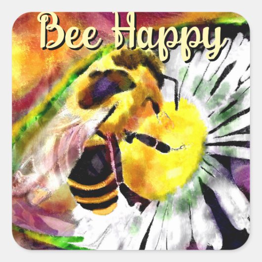 Bumble Bee Happy Daisy Flower Bloemen Waterverf Vierkante Sticker (Voorkant)