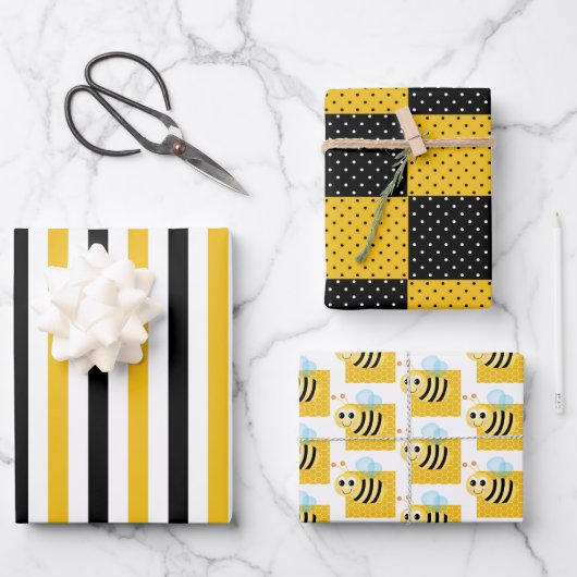 Bumble Bee, Honey Comb, Stripes & Stippen Inpakpapier Vel (Voorkant)
